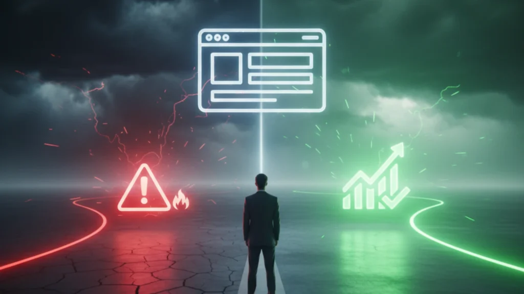 تصویر مفهومی یک فرد در دوراهی انتخاب بین پشتیبانی موردی (مسیر بحرانی) و پشتیبانی ماهانه (مسیر پایدار) برای سایت وردپرسی.